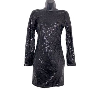 New Glamorous Black Sequin Sparkle Shiny Long Sleeve LBD Little Black Dress S
